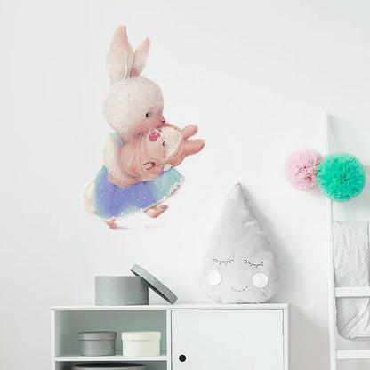 Walking Bunny Mother with Sleeping Baby Rabbit Wall Stickers for Kids Room Decorative Nursery Wall Decals Removable Decoration-HomeDecorDecals_com