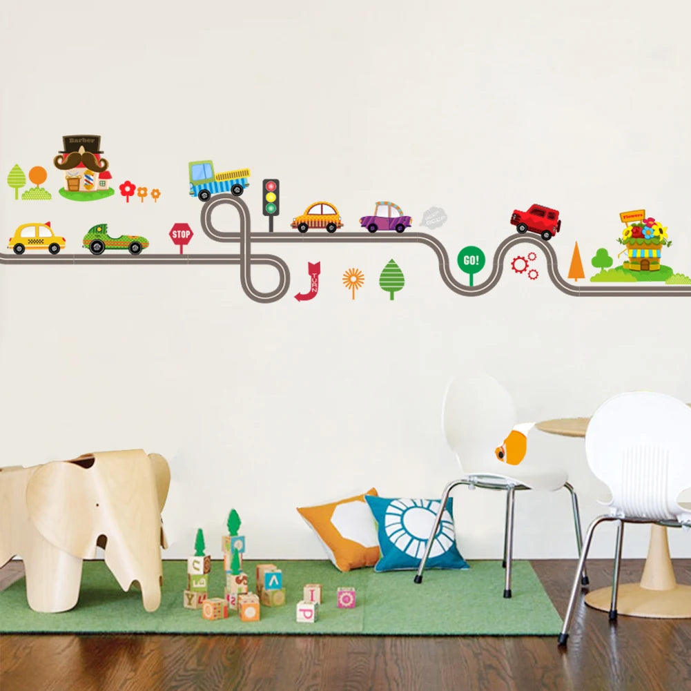 Cartoon car road track creative wall sticker for kids rooms nursery children's room decor on the wall car murals Child gift-HomeDecorDecals_com
