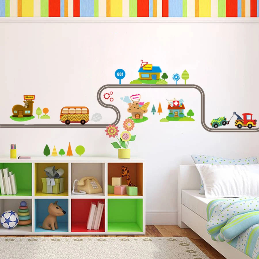 Cartoon car road track creative wall sticker for kids rooms nursery children's room decor on the wall car murals Child gift-HomeDecorDecals_com
