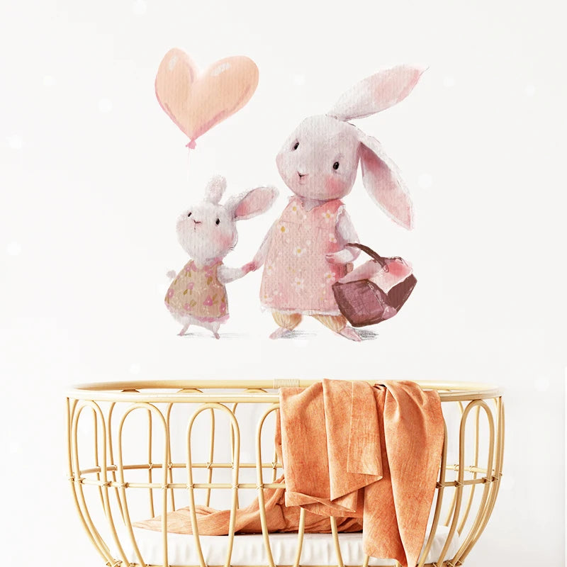 Walking Bunny Mother with Sleeping Baby Rabbit Wall Stickers for Kids Room Decorative Nursery Wall Decals Removable Decoration-HomeDecorDecals_com