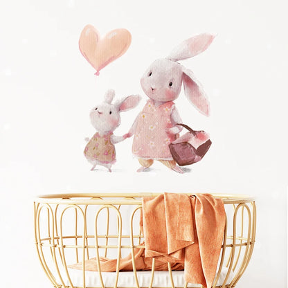 Walking Bunny Mother with Sleeping Baby Rabbit Wall Stickers for Kids Room Decorative Nursery Wall Decals Removable Decoration-HomeDecorDecals_com