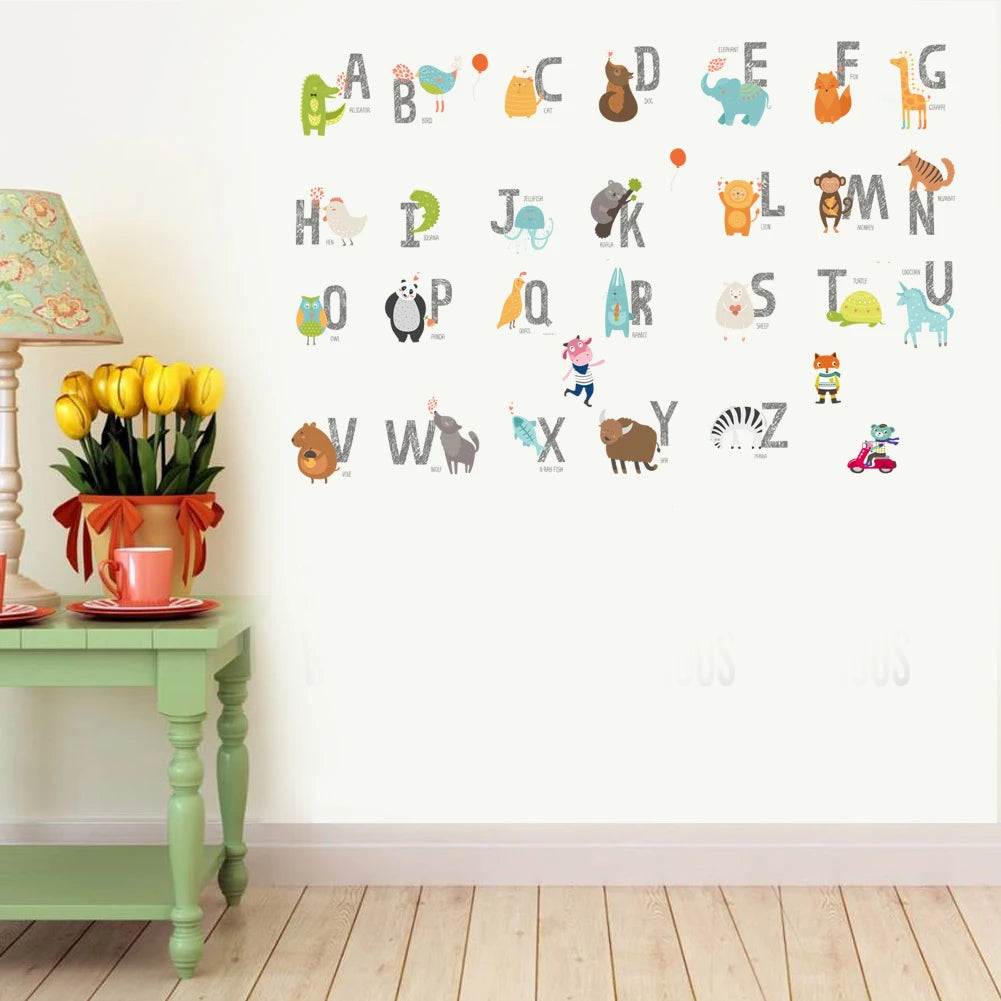 Cartoon wild jungle 26 letters alphabet animal wall stickers for rooms for kids home decoration children wall decal poster mural-HomeDecorDecals_com