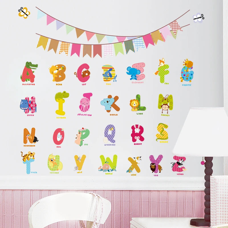 Cartoon wild jungle 26 letters alphabet animal wall stickers for rooms for kids home decoration children wall decal poster mural-HomeDecorDecals_com
