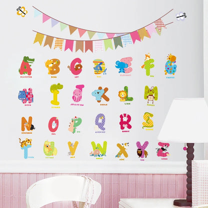 Cartoon wild jungle 26 letters alphabet animal wall stickers for rooms for kids home decoration children wall decal poster mural-HomeDecorDecals_com