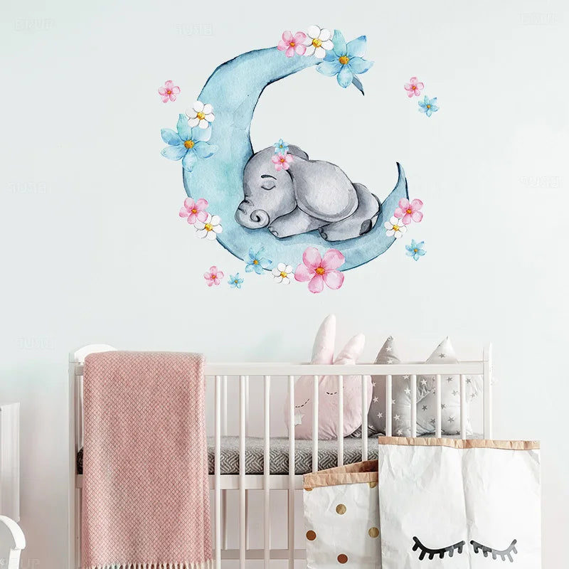 Watercolor Sleeping Baby Elephant on the Moon Wall Stickers With Flowers for Kids Room Baby Nursery Room Wall Decals Room PVC-HomeDecorDecals_com