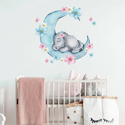 Watercolor Sleeping Baby Elephant on the Moon Wall Stickers With Flowers for Kids Room Baby Nursery Room Wall Decals Room PVC-HomeDecorDecals_com