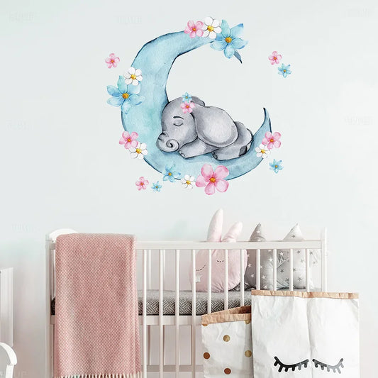 Watercolor Sleeping Baby Elephant on the Moon Wall Stickers With Flowers for Kids Room Baby Nursery Room Wall Decals Room PVC-HomeDecorDecals_com