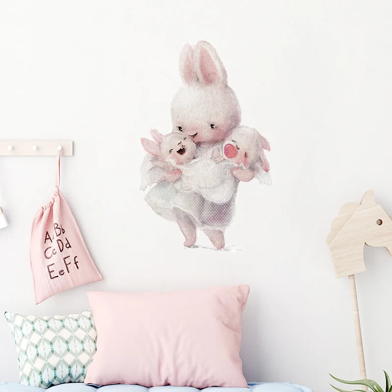 Walking Bunny Mother with Sleeping Baby Rabbit Wall Stickers for Kids Room Decorative Nursery Wall Decals Removable Decoration-HomeDecorDecals_com
