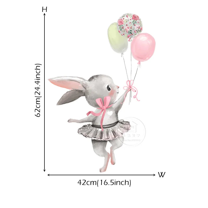 Cute Grey Bunny Ballet Rabbit Wall Stickers for Kids Room Cat Baby Nursery Wall Decals Pink Flower for Girl Room Home Decoration-HomeDecorDecals_com