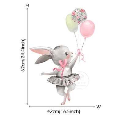 Cute Grey Bunny Ballet Rabbit Wall Stickers for Kids Room Cat Baby Nursery Wall Decals Pink Flower for Girl Room Home Decoration-HomeDecorDecals_com