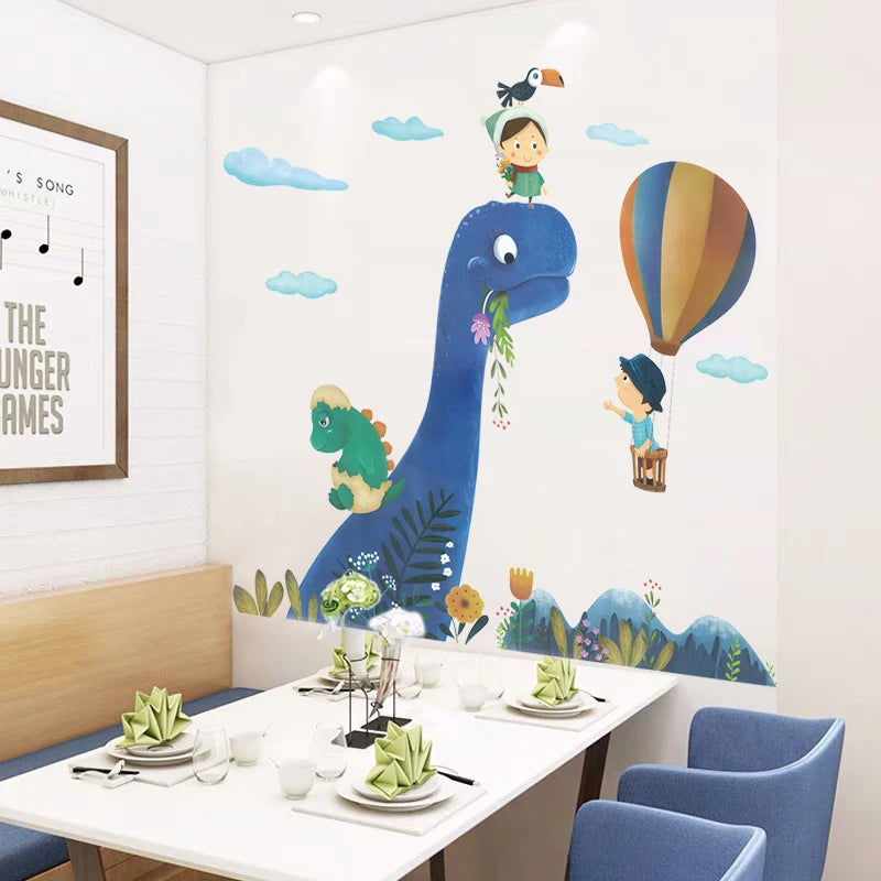 Cartoon Blue Dinosaur Hot Airballoon Kids Cloud Wall Stickers for Kids Room Baby Nursery Decorative Stickers Wall Decals PVC-HomeDecorDecals_com