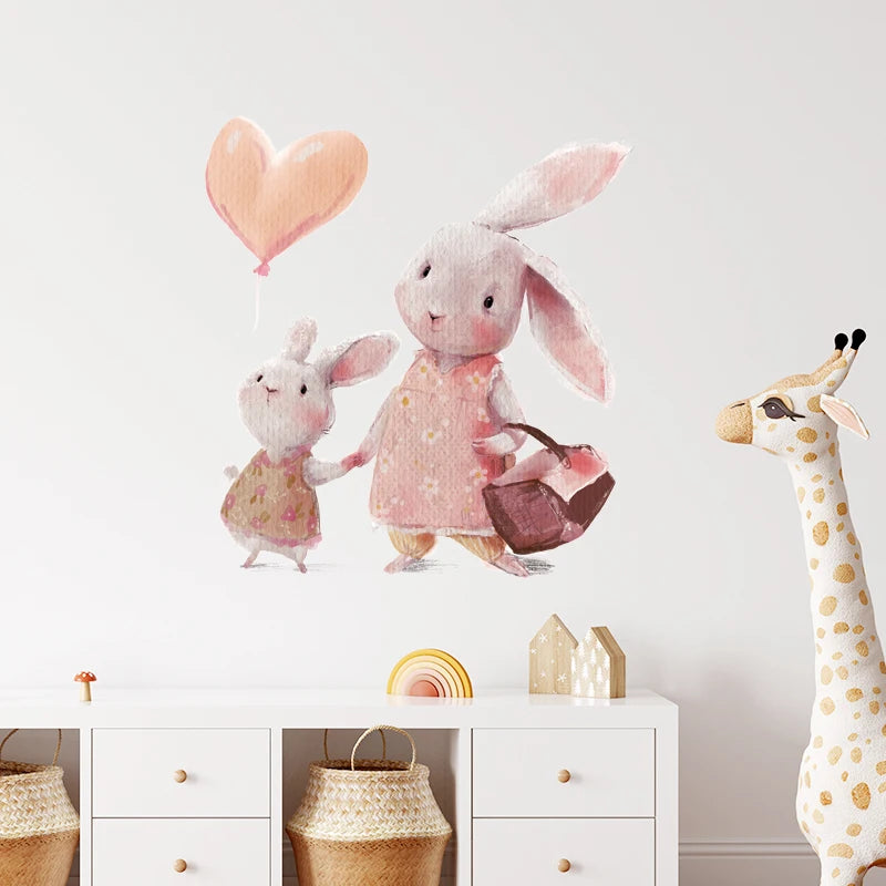 Walking Bunny Mother with Sleeping Baby Rabbit Wall Stickers for Kids Room Decorative Nursery Wall Decals Removable Decoration-HomeDecorDecals_com