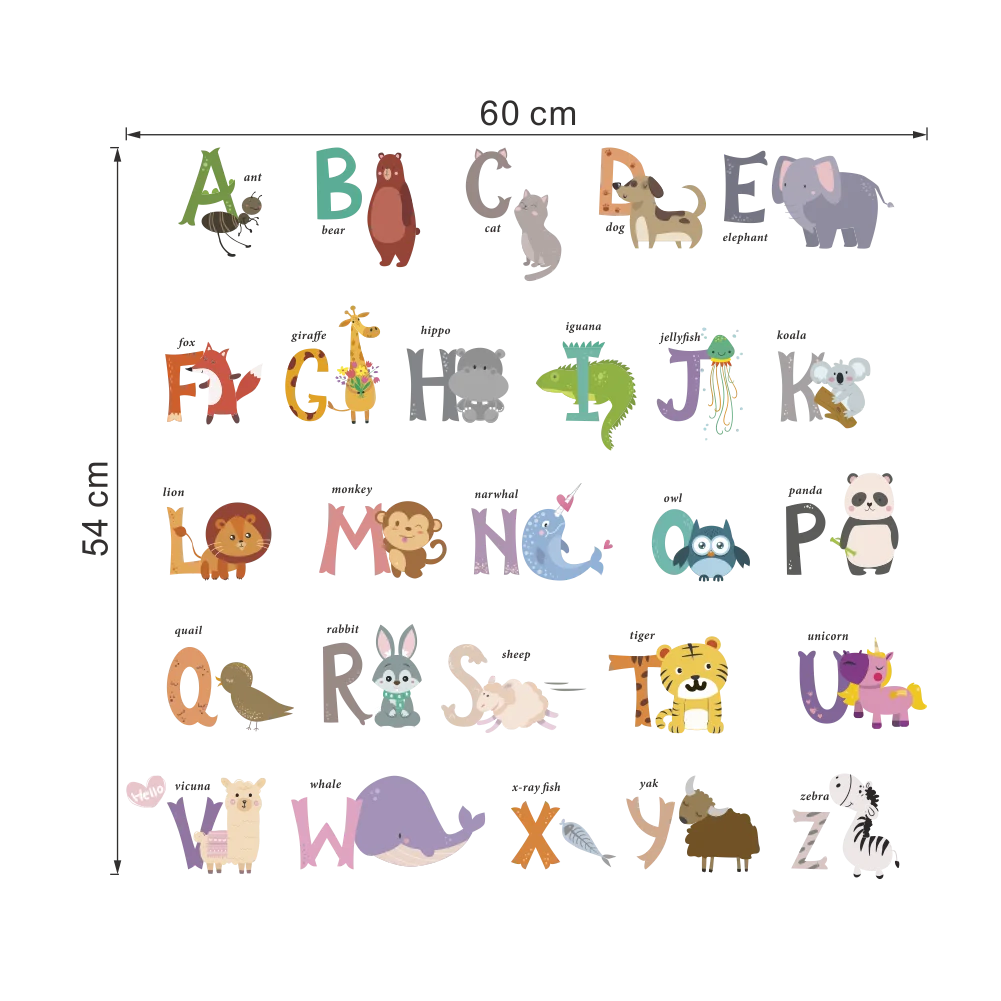 Cartoon wild jungle 26 letters alphabet animal wall stickers for rooms for kids home decoration children wall decal poster mural-HomeDecorDecals_com