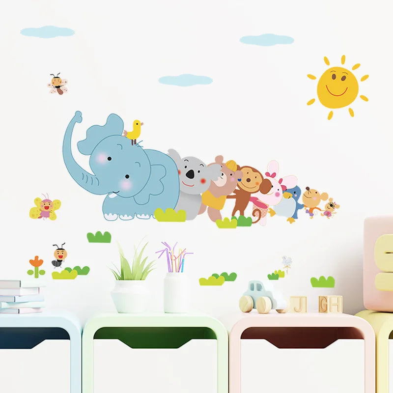 Happy Animals Elephant Monkey Wall Sticker For Kids Room Bedroom Home Decor DIY Art Background Decals Cute Cartoon Zoo Stickers-HomeDecorDecals_com