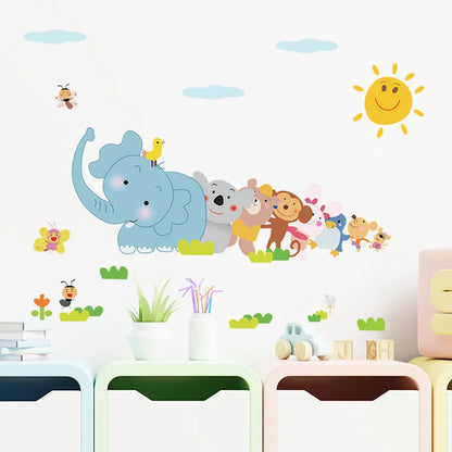 Happy Animals Elephant Monkey Wall Sticker For Kids Room Bedroom Home Decor DIY Art Background Decals Cute Cartoon Zoo Stickers-HomeDecorDecals_com