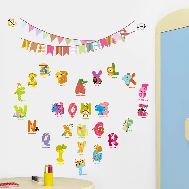 Cartoon wild jungle 26 letters alphabet animal wall stickers for rooms for kids home decoration children wall decal poster mural-HomeDecorDecals_com