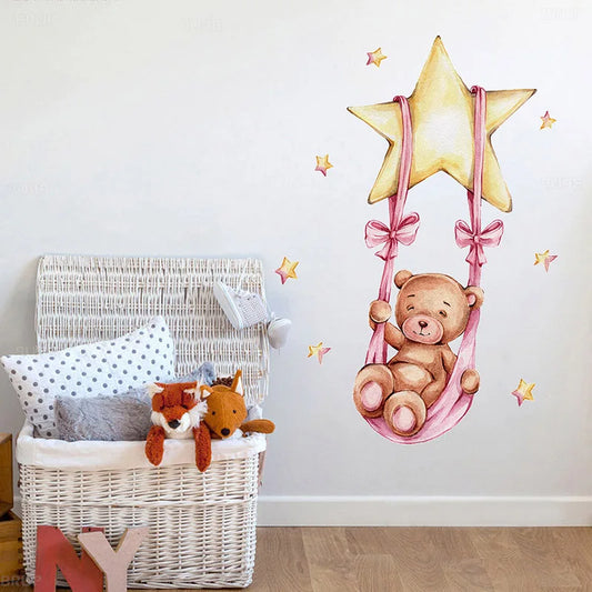 Watercolor Sweet Teddy Girl Bear Swing on the Star Wall Stickers for Kids Room Baby Nursery Room Wall Decals Room PVC Pink Stars-HomeDecorDecals_com