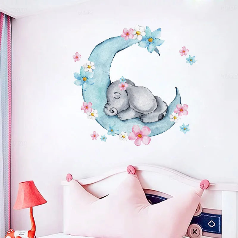 Watercolor Sleeping Baby Elephant on the Moon Wall Stickers With Flowers for Kids Room Baby Nursery Room Wall Decals Room PVC-HomeDecorDecals_com