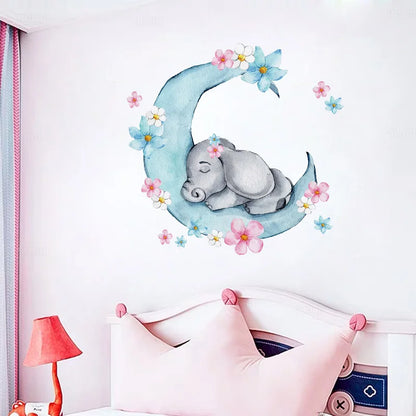 Watercolor Sleeping Baby Elephant on the Moon Wall Stickers With Flowers for Kids Room Baby Nursery Room Wall Decals Room PVC-HomeDecorDecals_com
