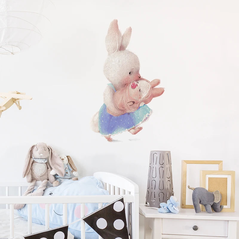 Walking Bunny Mother with Sleeping Baby Rabbit Wall Stickers for Kids Room Decorative Nursery Wall Decals Removable Decoration-HomeDecorDecals_com