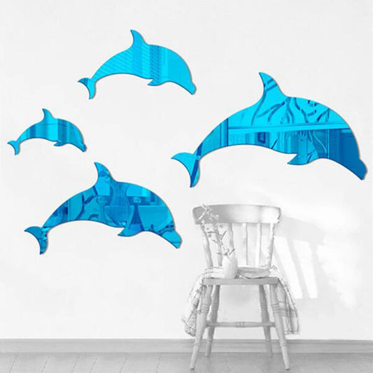 4pcs Wall Hangings 3D Wall Decals Art Mirror Acrylic Wall Stickers Home Decoration Kids Room Classroom Wall Decor Blue Dolphin-HomeDecorDecals_com