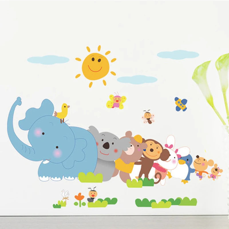 Happy Animals Elephant Monkey Wall Sticker For Kids Room Bedroom Home Decor DIY Art Background Decals Cute Cartoon Zoo Stickers-HomeDecorDecals_com