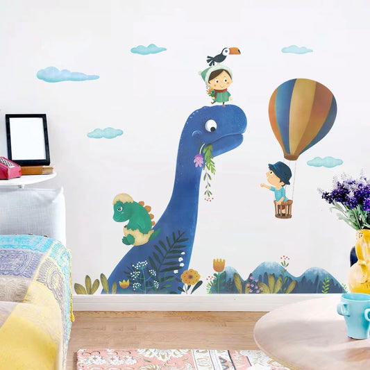 Cartoon Blue Dinosaur Hot Airballoon Kids Cloud Wall Stickers for Kids Room Baby Nursery Decorative Stickers Wall Decals PVC-HomeDecorDecals_com