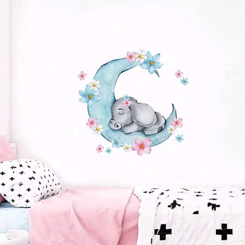 Watercolor Sleeping Baby Elephant on the Moon Wall Stickers With Flowers for Kids Room Baby Nursery Room Wall Decals Room PVC-HomeDecorDecals_com