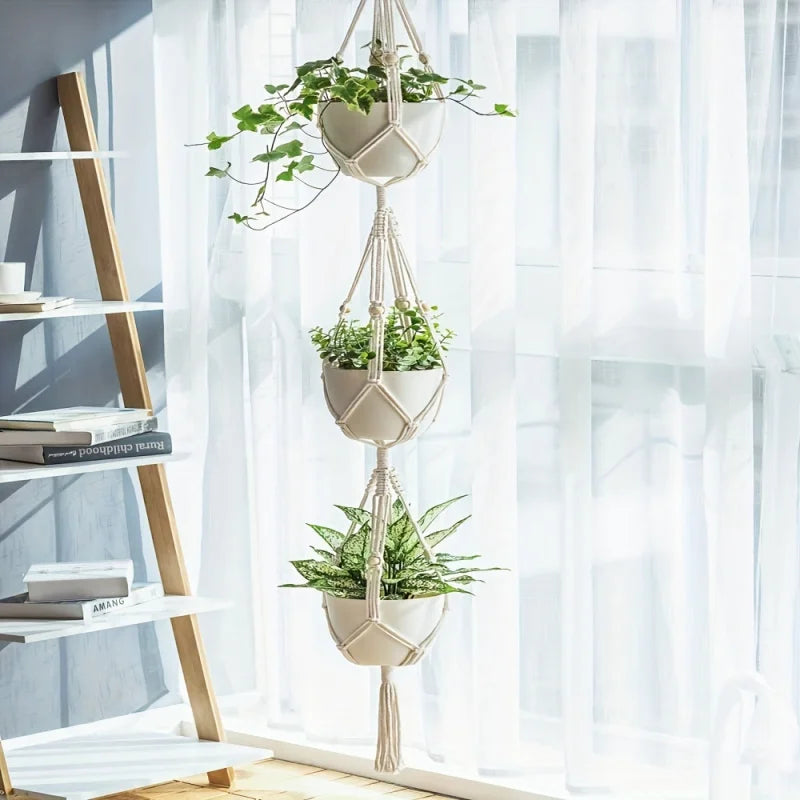 Hanging Planter Basket Cotton Rope with Beads | Home Decor by HomeDecorDecals.