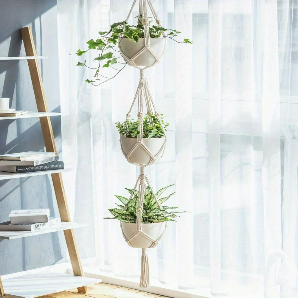 Hanging Planter Basket Cotton Rope with Beads | Home Decor by HomeDecorDecals