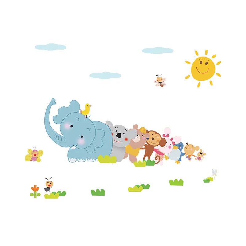 Happy Animals Elephant Monkey Wall Sticker For Kids Room Bedroom Home Decor DIY Art Background Decals Cute Cartoon Zoo Stickers-HomeDecorDecals_com