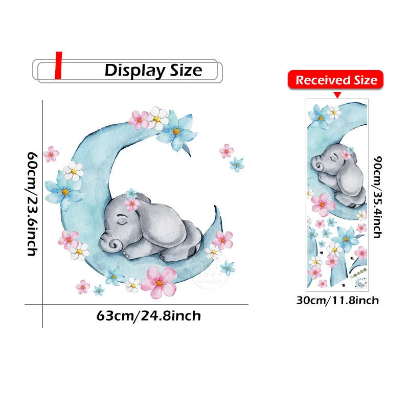 Watercolor Sleeping Baby Elephant on the Moon Wall Stickers With Flowers for Kids Room Baby Nursery Room Wall Decals Room PVC-HomeDecorDecals_com