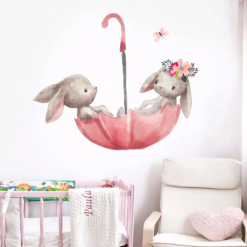 Cute Grey Bunny Ballet Rabbit Wall Stickers for Kids Room Cat Baby Nursery Wall Decals Pink Flower for Girl Room Home Decoration-HomeDecorDecals_com