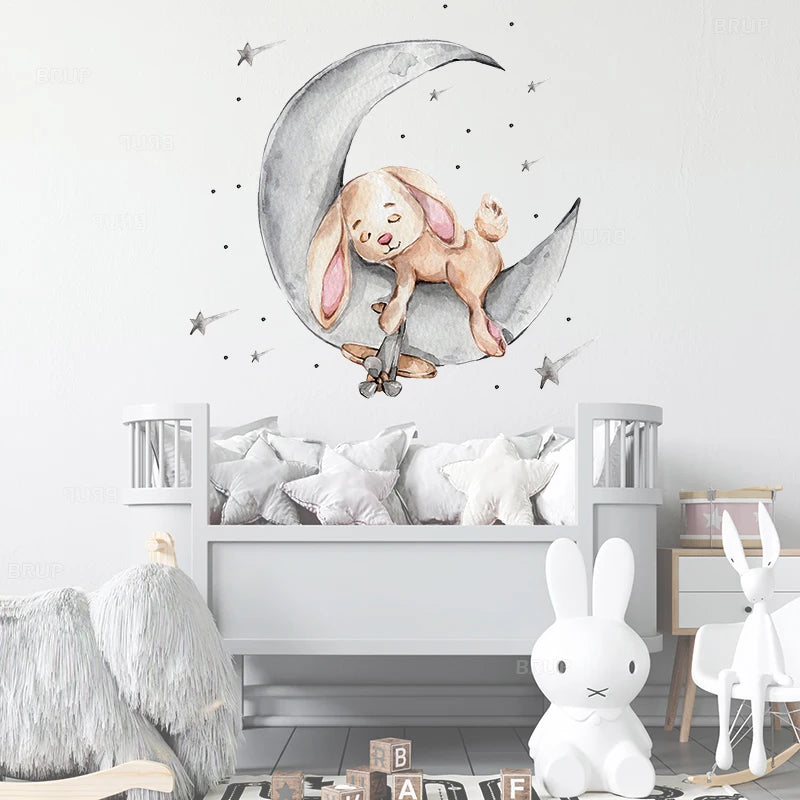 Bunny Baby Nursery Wall Stickers Cartoon Rabbit Swing on the Stars Wall Decals for Kids Room PVC Removable Stickers PVC DIY-HomeDecorDecals_com