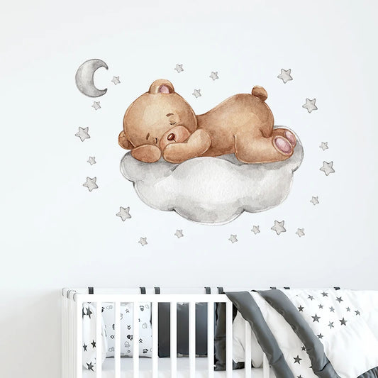 Watercolor Brown Bear Sleeping on the Grey Cloud with Moon and Sars Wall Stickers Baby Nursery Wall Decals for Kids Room Decor-HomeDecorDecals_com