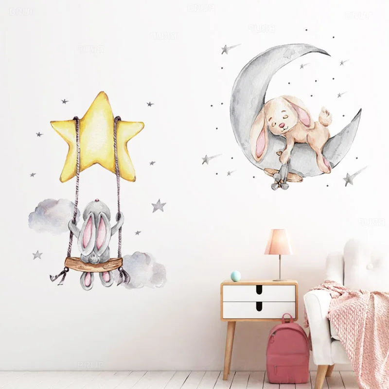 Bunny Baby Nursery Wall Stickers Cartoon Rabbit Swing on the Stars Wall Decals for Kids Room PVC Removable Stickers PVC DIY-HomeDecorDecals_com