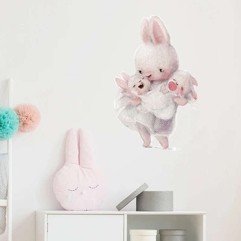Walking Bunny Mother with Sleeping Baby Rabbit Wall Stickers for Kids Room Decorative Nursery Wall Decals Removable Decoration-HomeDecorDecals_com