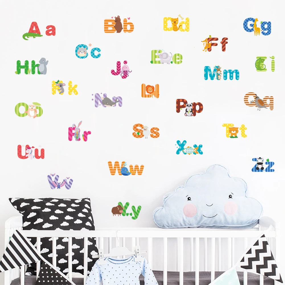 Cartoon wild jungle 26 letters alphabet animal wall stickers for rooms for kids home decoration children wall decal poster mural-HomeDecorDecals_com