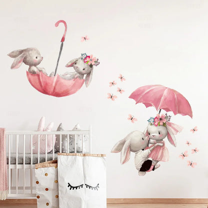 Cute Grey Bunny Ballet Rabbit Wall Stickers for Kids Room Cat Baby Nursery Wall Decals Pink Flower for Girl Room Home Decoration-HomeDecorDecals_com