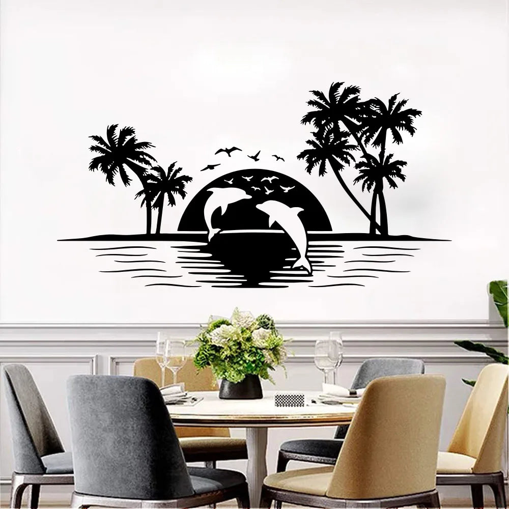 Large Camper Rv Skyline Dolphins Wall Sticker Motorhome Palm Tree Fish Ocean Sun Landscape Wall Decal Bedroom Vinyl Home Decor-HomeDecorDecals_com