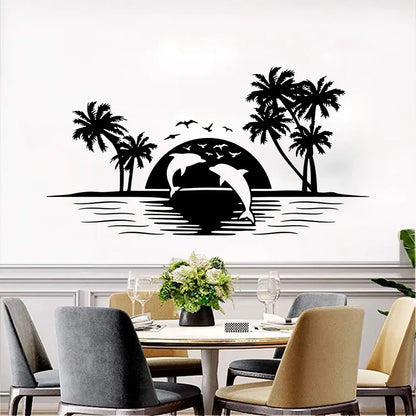 Large Camper Rv Skyline Dolphins Wall Sticker Motorhome Palm Tree Fish Ocean Sun Landscape Wall Decal Bedroom Vinyl Home Decor-HomeDecorDecals_com