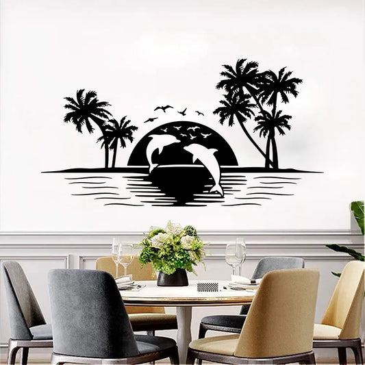 Large Camper Rv Skyline Dolphins Wall Sticker Motorhome Palm Tree Fish Ocean Sun Landscape Wall Decal Bedroom Vinyl Home Decor-HomeDecorDecals_com