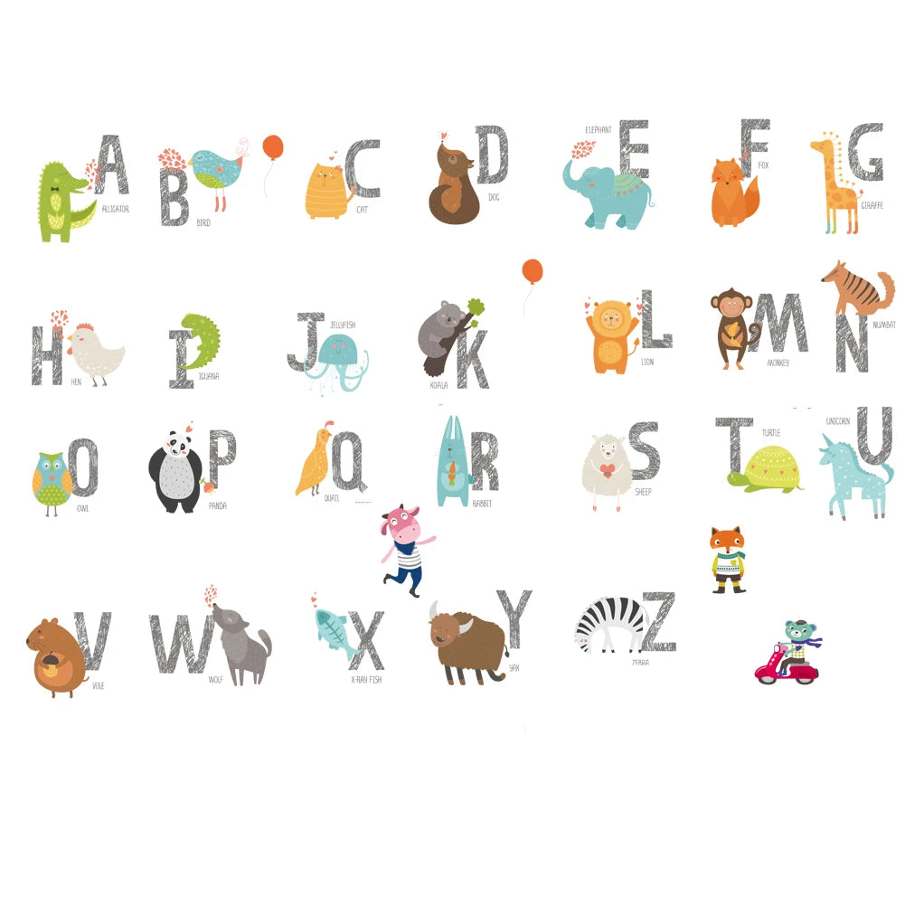 Cartoon wild jungle 26 letters alphabet animal wall stickers for rooms for kids home decoration children wall decal poster mural-HomeDecorDecals_com