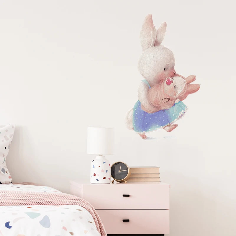Walking Bunny Mother with Sleeping Baby Rabbit Wall Stickers for Kids Room Decorative Nursery Wall Decals Removable Decoration-HomeDecorDecals_com