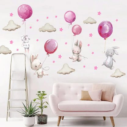 Cute Grey Bunny Ballet Rabbit Wall Stickers for Kids Room Cat Baby Nursery Wall Decals Pink Flower for Girl Room Home Decoration-HomeDecorDecals_com