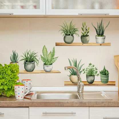Kitchen with potted plants on shelves| Home Decor by HomeDecorDecals.