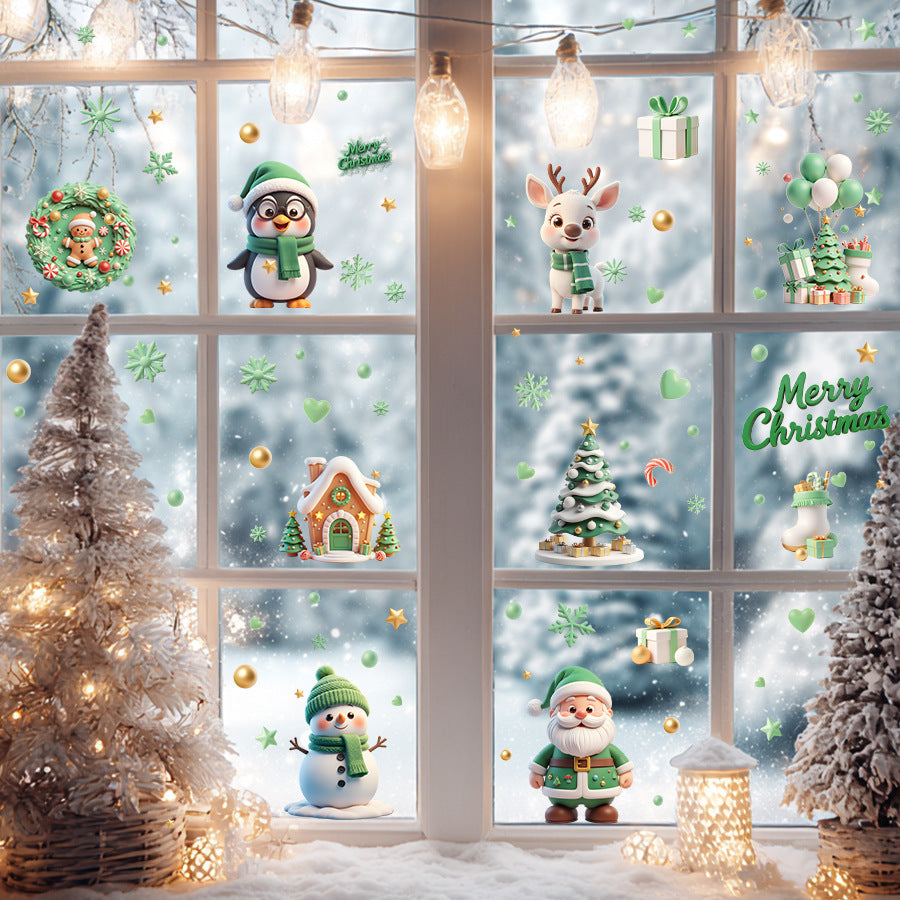 9 sheets/set Green Christmas Window Clings With Santa Penguin Reindeer Tree Static Cling Stickers For Kids' Room Window-HomeDecorDecals_com