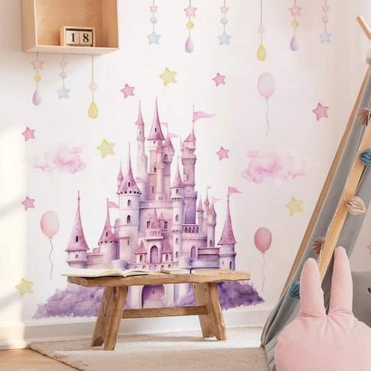Pink Castle Clouds Stars and Balloon Wall Decal | Kids Room Decor by HomeDecorDecals.