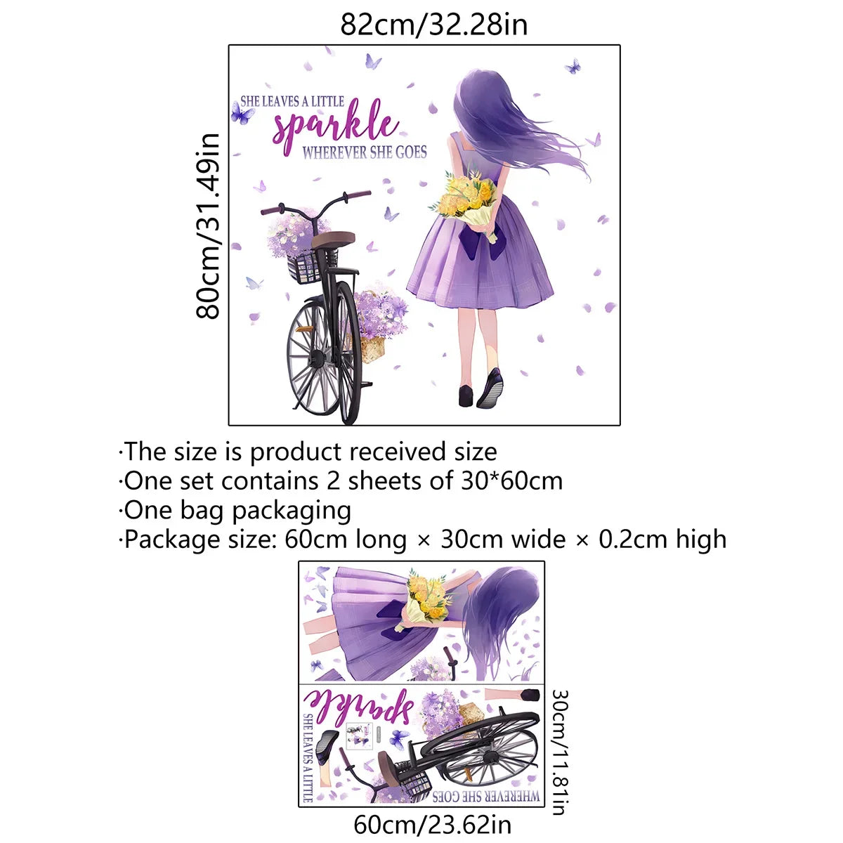 Product packaging with illustrations of a girl, bicycle, and text on a white background | Kids Room Decor displayed in room decor by HomeDecorDecals.