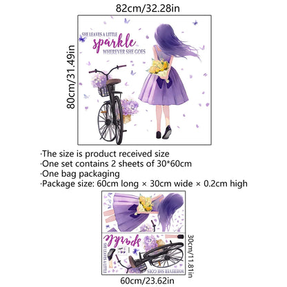 Product packaging with illustrations of a girl, bicycle, and text on a white background | Kids Room Decor displayed in room decor by HomeDecorDecals.